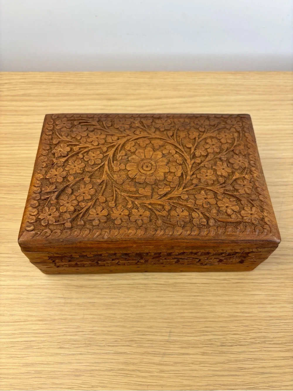 Vintage Hand Carved Wooden Floral Trinket Box